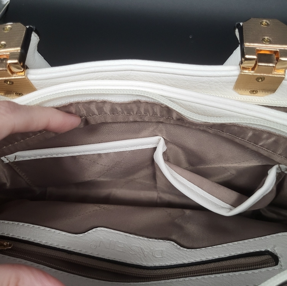 Dasein White Handbag with Adjustable, Detachable Strap & Gold Accents, Like New - Picture 7 of 13
